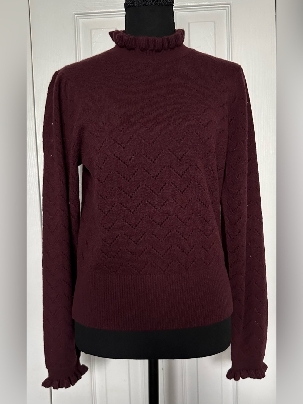 J.Crew Cashmere Pointe Ruffle Sweater, Burgundy, Size Medium, NWT